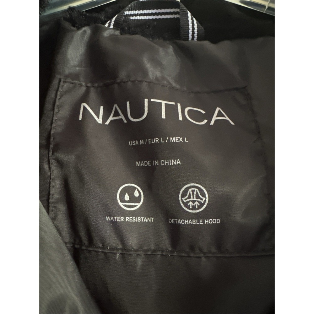 Women's Nautica Black Puffer Jacket Faux Fur Collar Detachable Hood Zip Up M - Picture 2 of 6